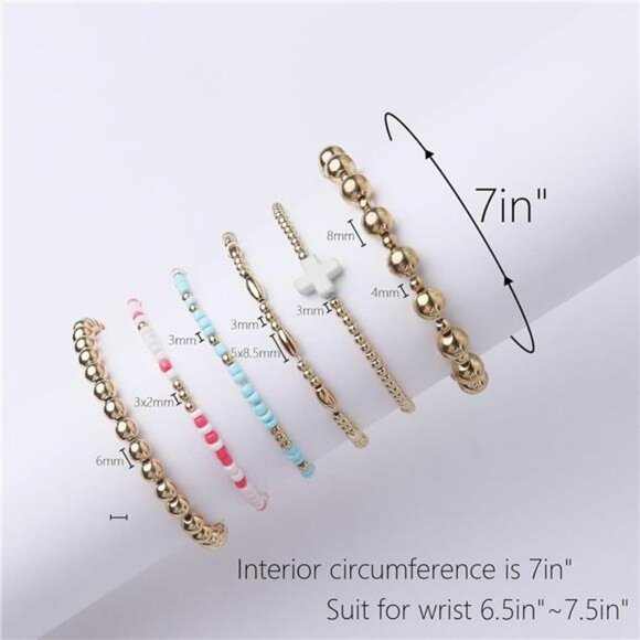 Gold beaded bracelet set 14k plated dainty cross stack stretch layered jewelry g - Picture 5 of 7